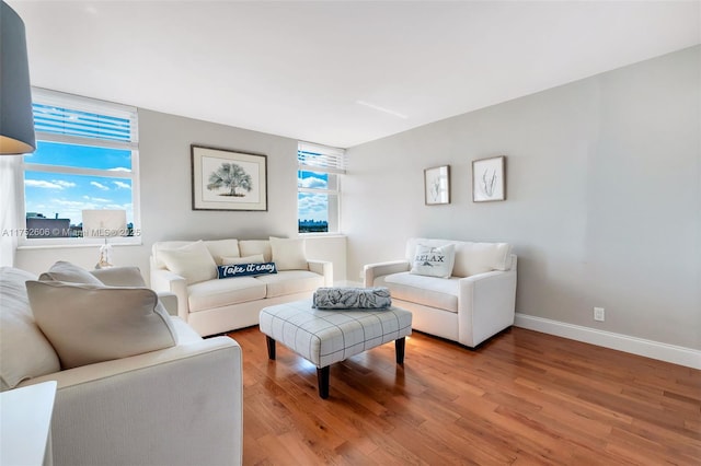 living room with baseboards and light wood finished floors