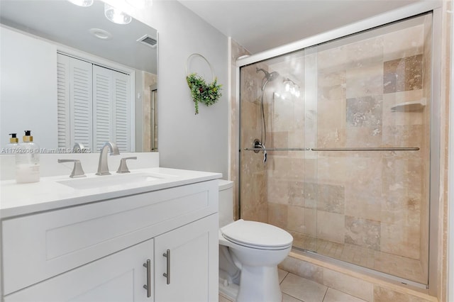 bathroom featuring a closet, visible vents, toilet, a shower stall, and vanity