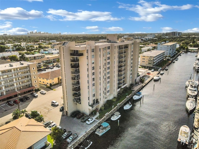 aerial view with a water view and a city view