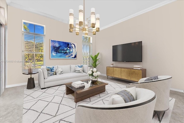 living area featuring a chandelier, crown molding, and baseboards