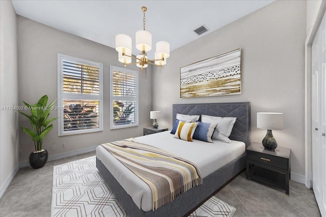 bedroom featuring visible vents, a notable chandelier, baseboards, and tile patterned floors