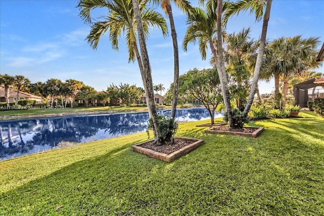 view of yard with a water view