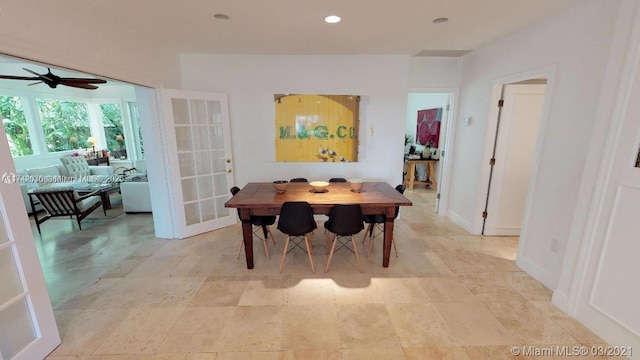 dining space featuring recessed lighting, french doors, ceiling fan, and baseboards