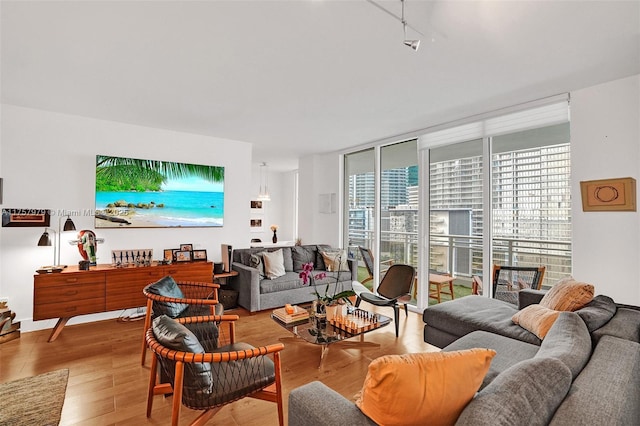 living area with a wall of windows and wood finished floors