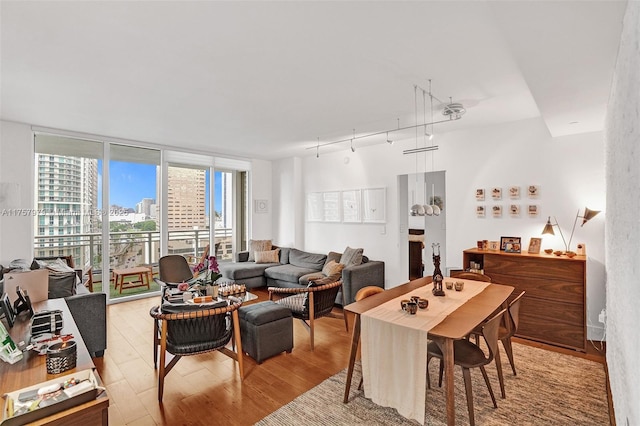 living area with expansive windows, light wood-type flooring, a view of city, and rail lighting