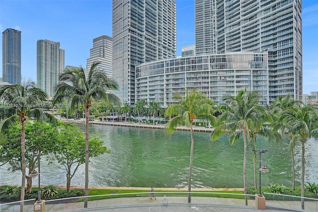 view of water feature with a city view