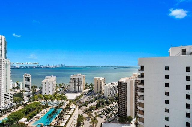 view of water feature with a view of city