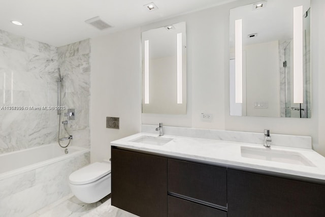 full bath featuring a combined bath / shower with marble appearance, marble finish floor, a sink, and double vanity