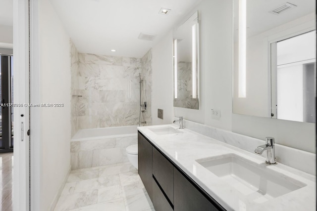 full bath featuring toilet, marble finish floor, a sink, and visible vents