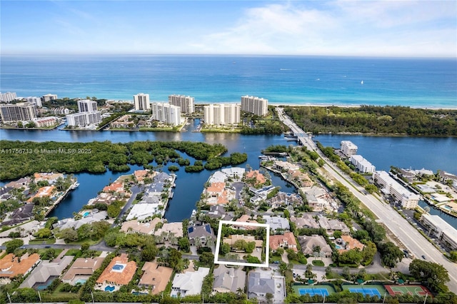 aerial view featuring a water view