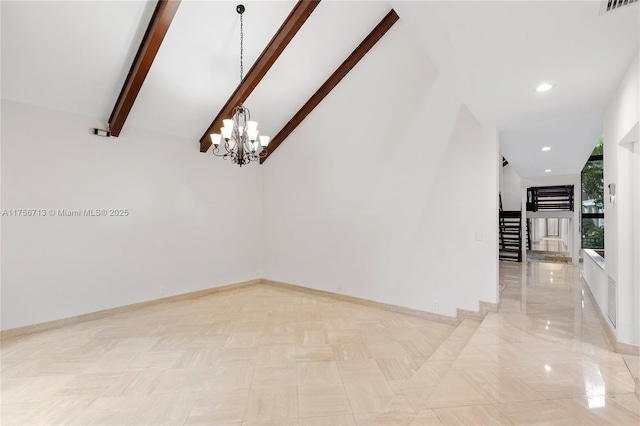 spare room featuring baseboards, stairway, vaulted ceiling with beams, a chandelier, and recessed lighting