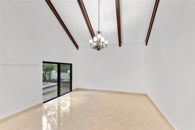 unfurnished room featuring high vaulted ceiling, beam ceiling, and baseboards