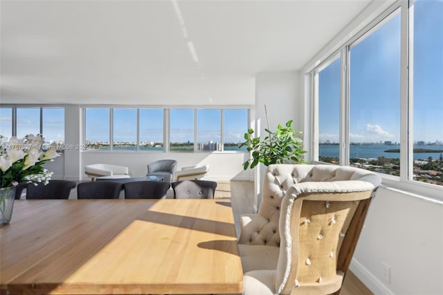 dining space with a water view, baseboards, and wood finished floors