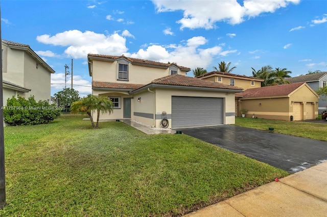 mediterranean / spanish house featuring stucco siding, a tile roof, aphalt driveway, an attached garage, and a front yard