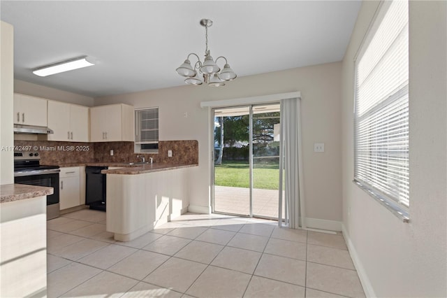 kitchen with under cabinet range hood, white cabinetry, stainless steel range with electric cooktop, black dishwasher, and tasteful backsplash