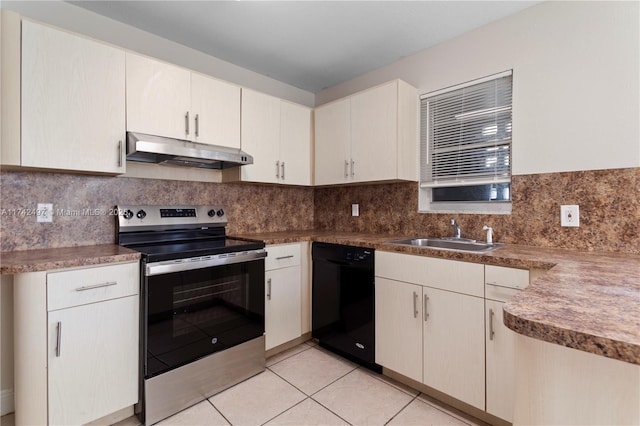 kitchen featuring light tile patterned floors, under cabinet range hood, a sink, black dishwasher, and stainless steel electric range oven