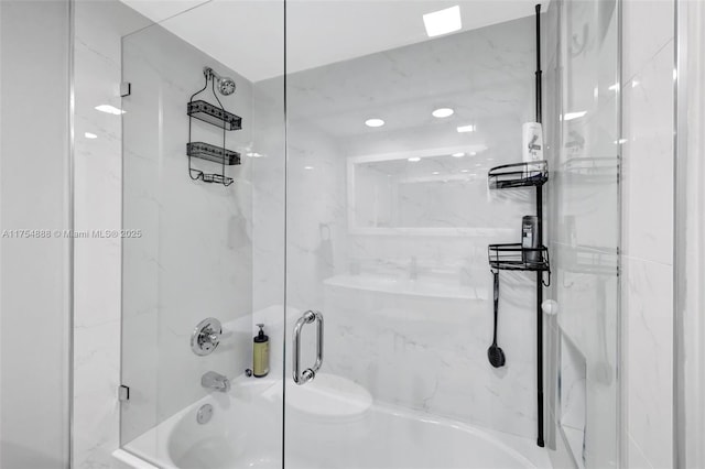 full bathroom with a shower with door and a washtub