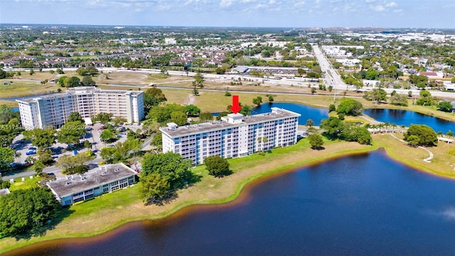 aerial view featuring a water view and a city view