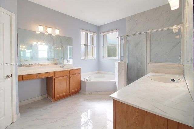 full bath with a bath, marble finish floor, a sink, and a marble finish shower