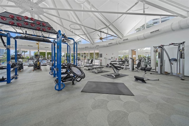 exercise room featuring lofted ceiling, carpet, and a healthy amount of sunlight