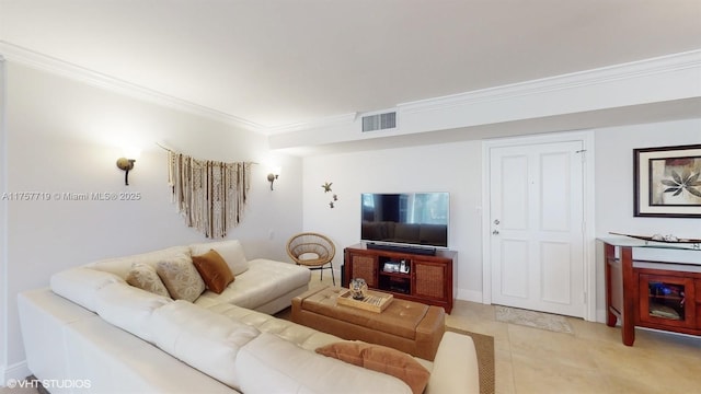 living area featuring light tile patterned floors, visible vents, and ornamental molding