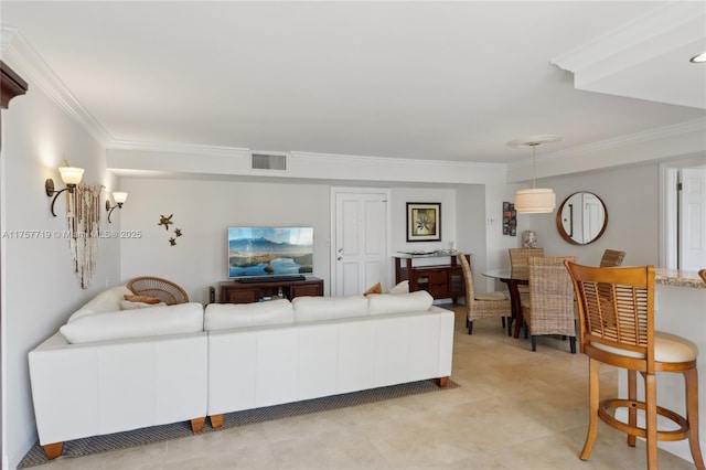 1236 Hillsboro Mile Unit 403, Hillsboro Beach, FL 33062 - living area featuring crown molding, visible vents, and light tile patterned floors