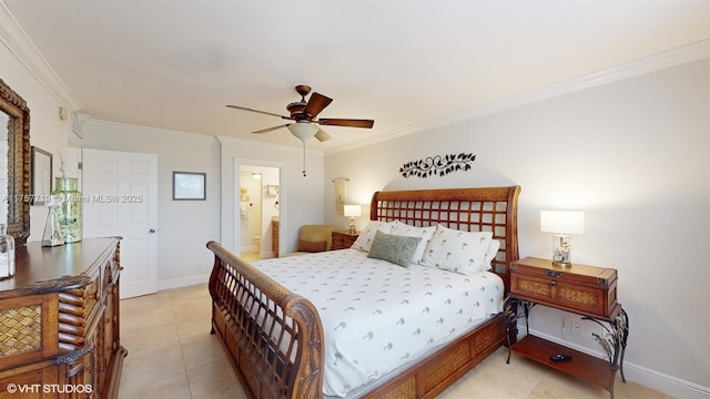 bedroom with ornamental molding, light tile patterned flooring, ceiling fan, and baseboards