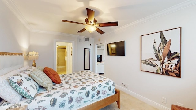 bedroom with ornamental molding, a ceiling fan, visible vents, and baseboards