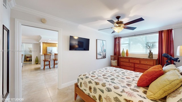 bedroom with light tile patterned floors, baseboards, a ceiling fan, stainless steel fridge with ice dispenser, and ornamental molding