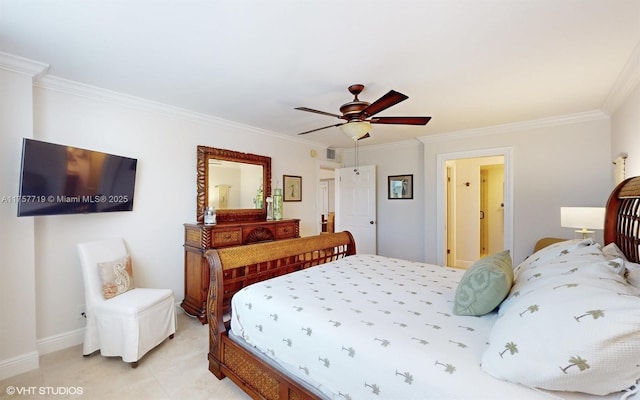 bedroom featuring light tile patterned floors, ceiling fan, ornamental molding, and baseboards