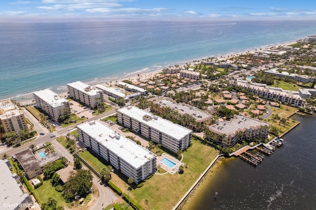 aerial view featuring a water view and a view of city