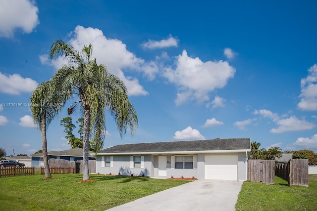 ranch-style home with a garage, a front yard, concrete driveway, and fence