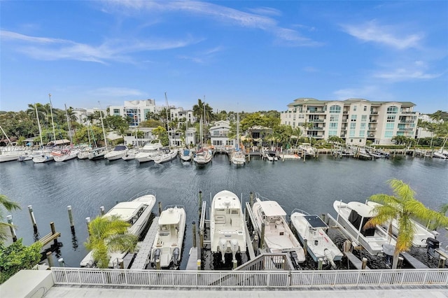 property view of water featuring a boat dock