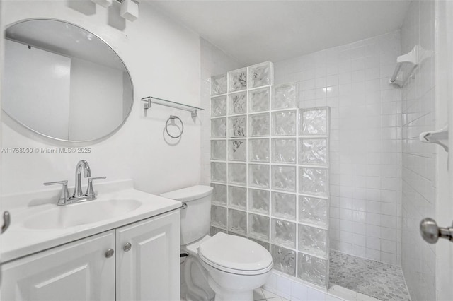 full bathroom featuring vanity, walk in shower, and toilet