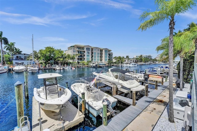 view of dock with a water view and boat lift