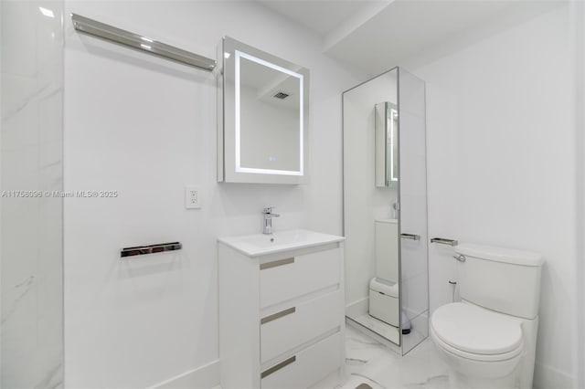 full bath with visible vents, marble finish floor, vanity, and toilet