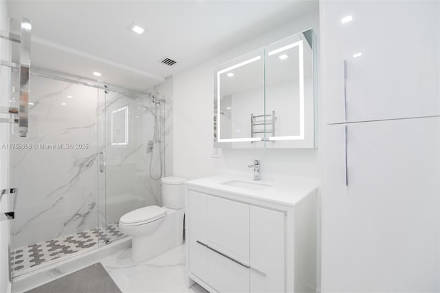 full bath with toilet, visible vents, vanity, marble finish floor, and a marble finish shower