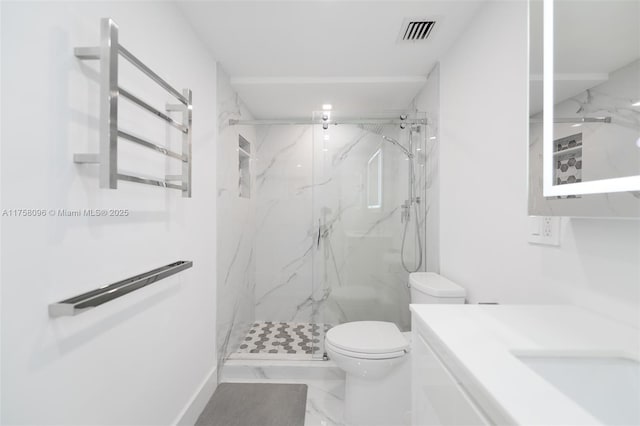 full bath with marble finish floor, a marble finish shower, visible vents, toilet, and vanity