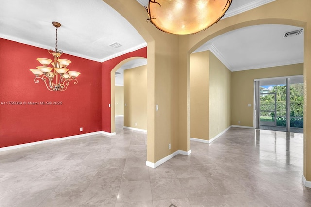 unfurnished room with baseboards, visible vents, a chandelier, and crown molding