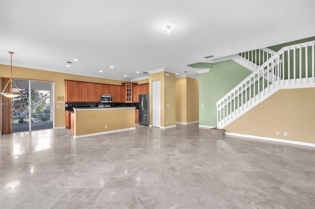 kitchen with baseboards, glass insert cabinets, open floor plan, a center island, and stainless steel appliances