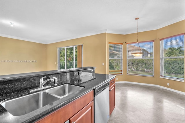 kitchen featuring dishwasher, ornamental molding, a sink, and decorative light fixtures