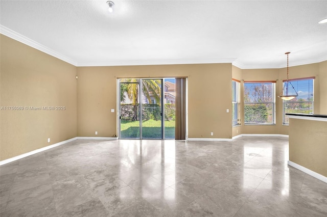 spare room with plenty of natural light, baseboards, and crown molding