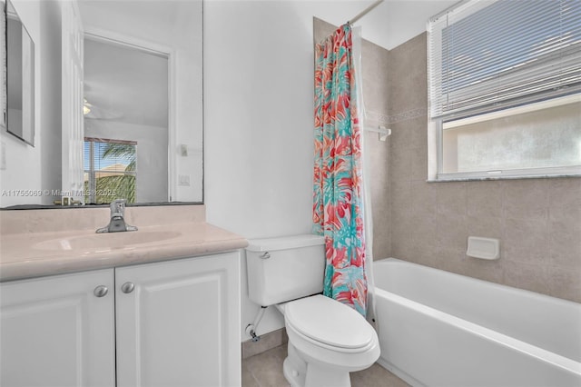 full bath featuring toilet, tile patterned flooring, shower / bath combination with curtain, and vanity