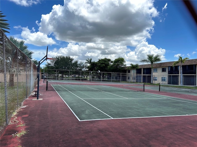 view of tennis court with fence