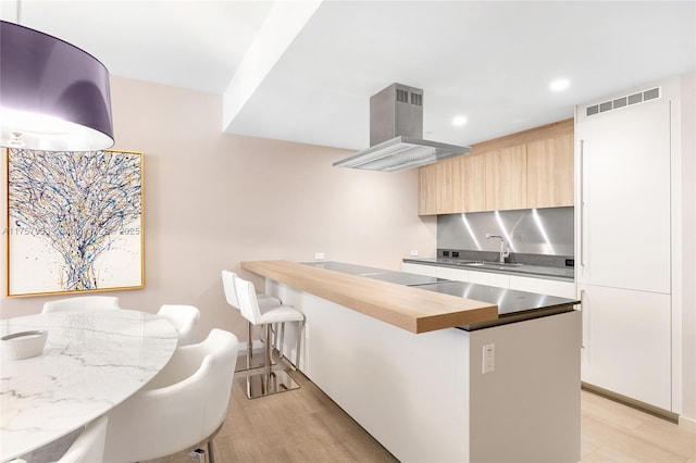 kitchen with a sink, ventilation hood, modern cabinets, electric stovetop, and a kitchen breakfast bar