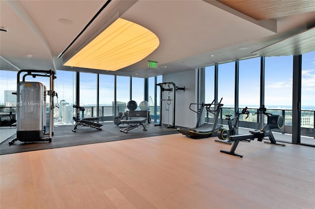 workout area with a wall of windows and wood finished floors