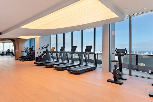 gym featuring expansive windows and wood finished floors