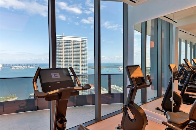 gym with a water view and floor to ceiling windows