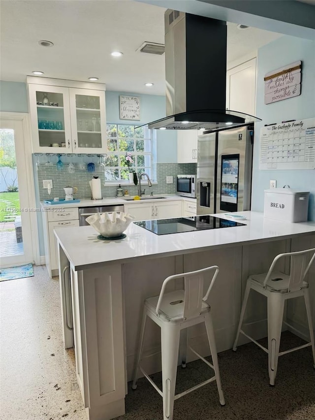 kitchen featuring stainless steel appliances, glass insert cabinets, white cabinetry, a sink, and island range hood