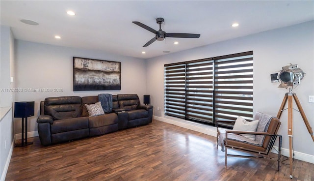 living area with recessed lighting, ceiling fan, baseboards, and wood finished floors